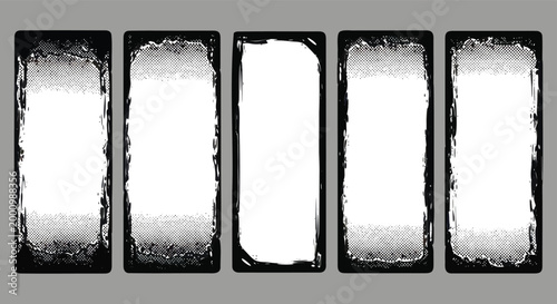 Set of five rectangular grunge frames with halftone textures for retro photography and vintage design projects
