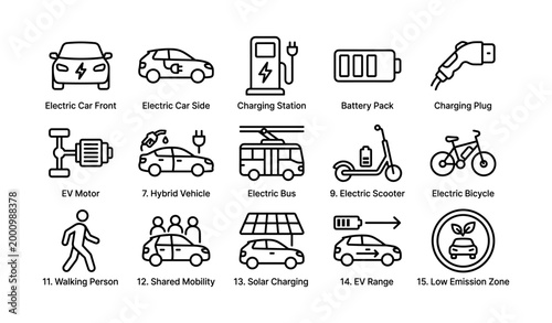 Electric vehicle icons showing charging and transport symbols on white