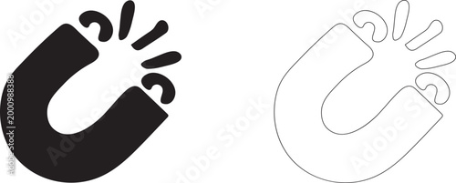 Black and White Magnet with Magnetic Field Icon Set Vector Illustration