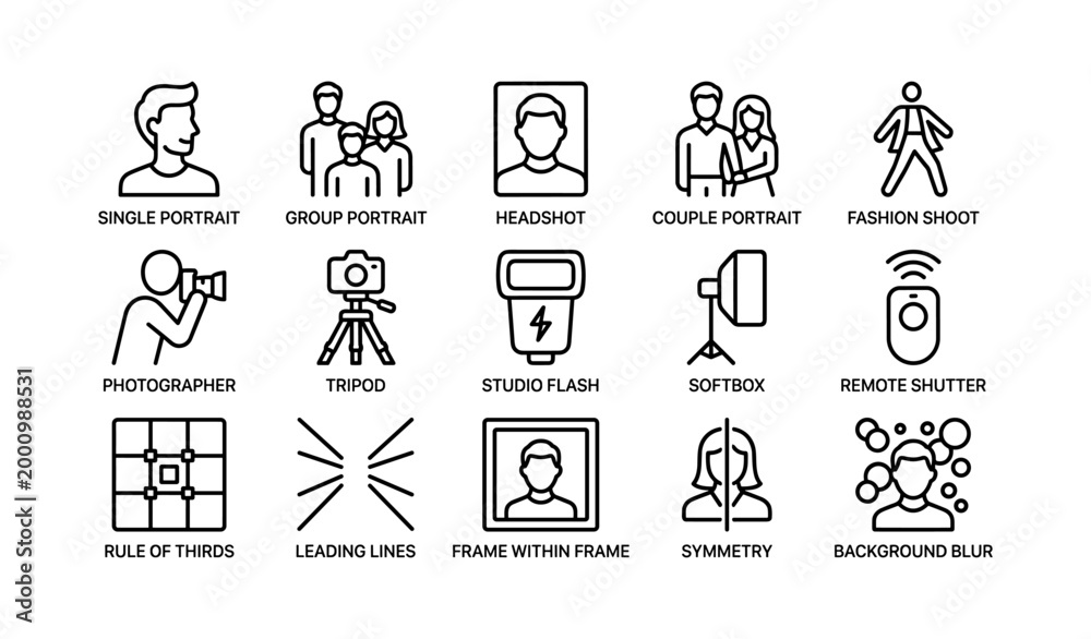 Fototapeta premium Portrait and studio icons showing equipment and techniques on white