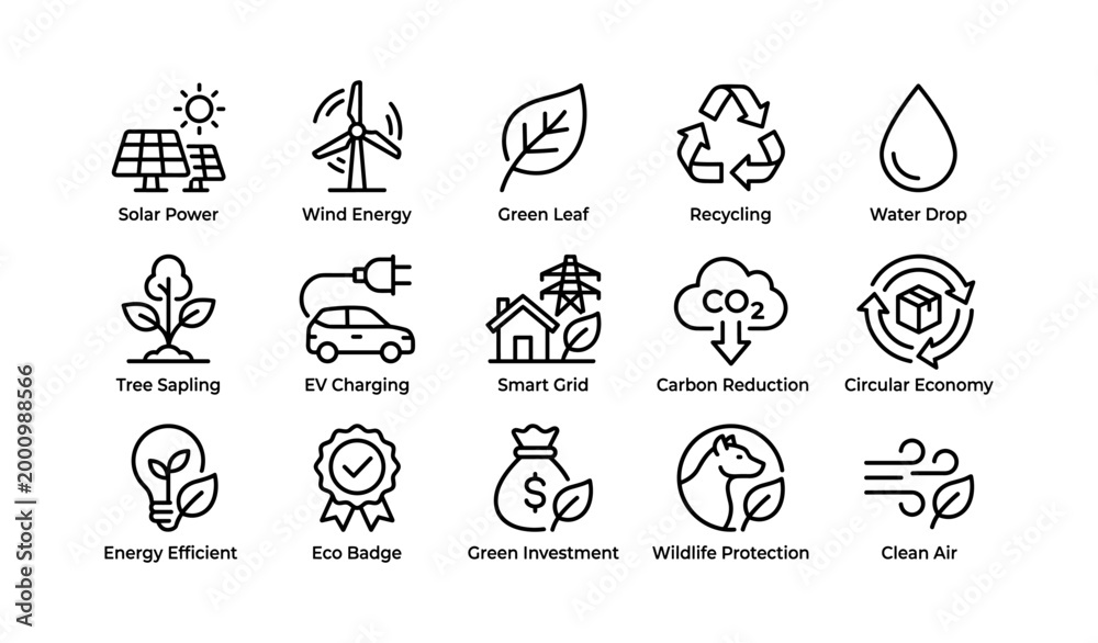Fototapeta premium Sustainability icons displayed in grid on white background