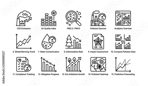 Environmental analytics icons showing pollution metrics and trends