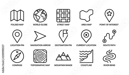 Map and navigation icons showing pins routes and features on white