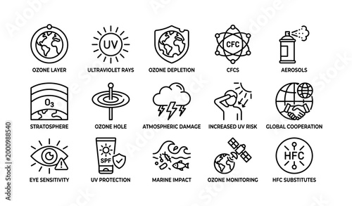 Ozone and uv icons showing depletion and protection on white