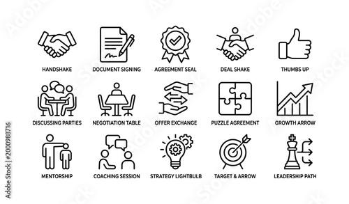 Business agreement icons showing negotiation and leadership concepts