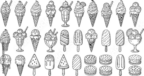 Set of hand drawn ice cream scoops and popsicles in doodle style isolated on white background for menu design