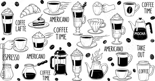 Hand drawn coffee menu typography and beverage illustrations for cafe branding and marketing materials