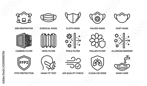 Protective mask and air filter icons for health safety