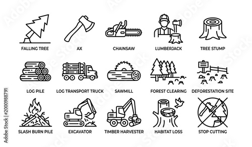 Logging tools and forest clearing icons in grid layout