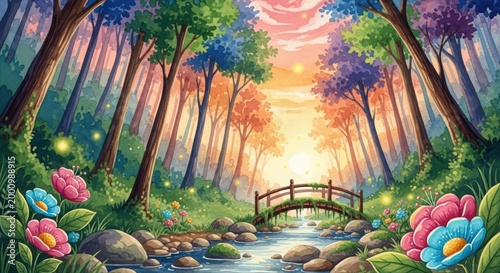 Enchanting forest scene with a whimsical bridge over a stream at sunset