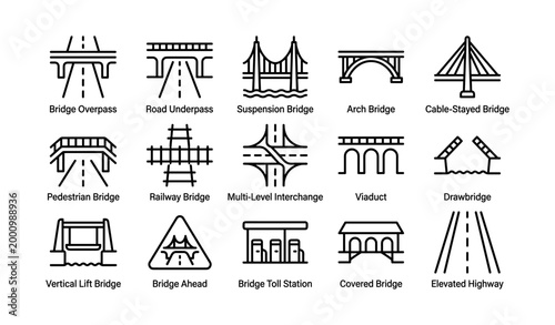 Various bridge types and road interchange icons in grid
