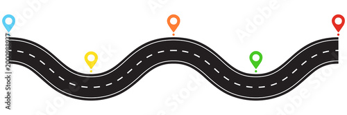 Winding road infographic with colorful route map showing journey progress. Vector illustration isolated on white.