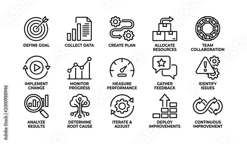 Workflow and improvement icons arranged in grid on white background