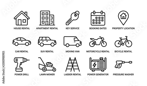Rental icons depicting property and equipment options on white background