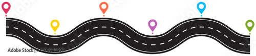 Highway template with curved asphalt path. Winding road infographic with location pointers. Vector illustration isolated on white.