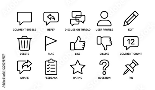 Comment and feedback icons arranged on white grid background