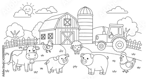 Farm illustration featuring various animals including cows, pigs, sheep, and chickens, with a barn, silo, tractor, and sunny sky, creating a vibrant rural scene