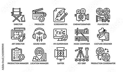 Film production crew role icons arranged in a grid on white
