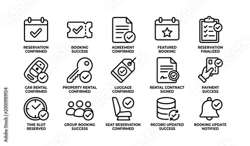 Booking confirmation icons arranged in grid on white background