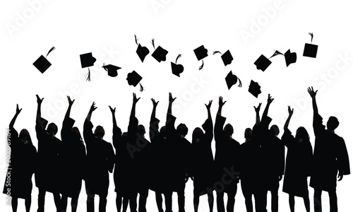 Silhouette of graduates throwing caps in the air isolated on white background celebrating academic achievement and success