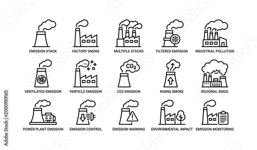 Factory emission icons arranged in grid on white background