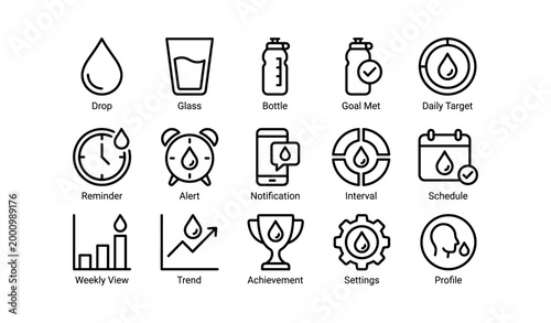 Hydration tracking icons arranged in grid on white background