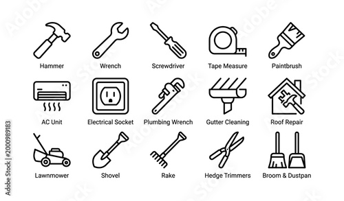 Grid of household and garden tool icons showing common equipment