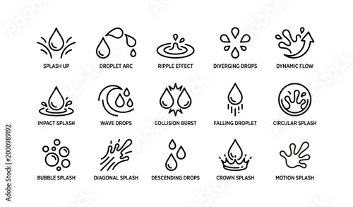 Grid of water droplet and splash icons showing various styles