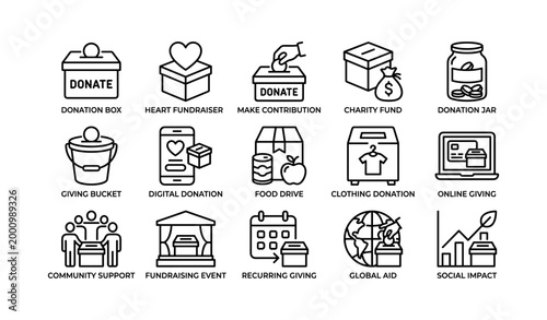 Charity donation icons showing giving methods on white backdrop