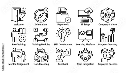 Employee onboarding icons illustrating training and orientation