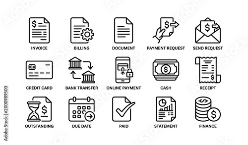 Billing and payment icons set showing invoices and methods