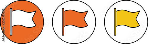 Flag icon set, orange and yellow colored symbols representing marker location goal achievement and navigation design elements.