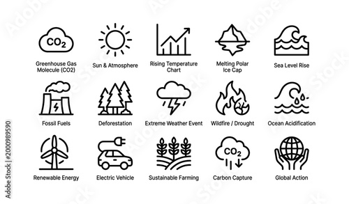 Climate change and sustainability icons arranged in grid