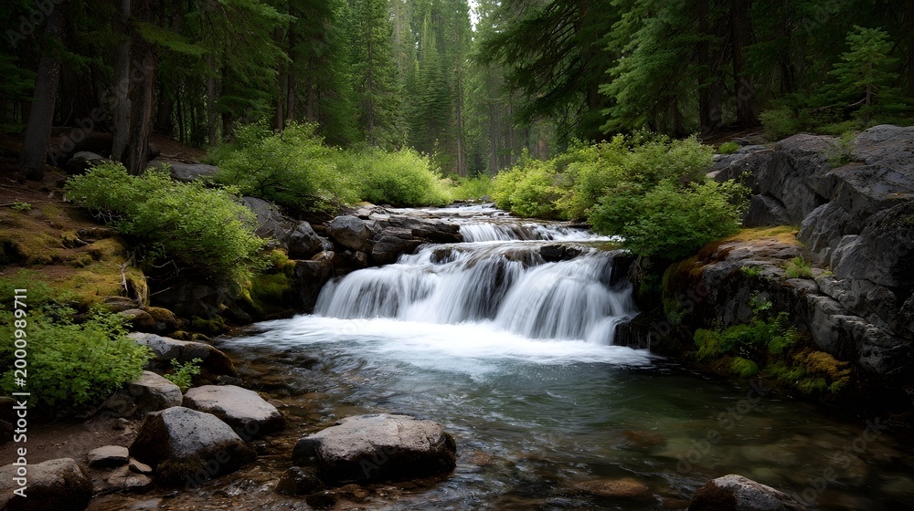 Fototapeta premium A cascading stream flows gently over moss covered rocks through a dense temperate forest