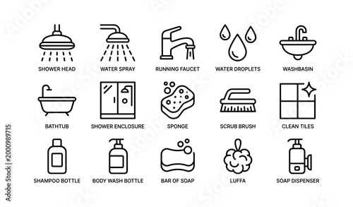 Bathroom and cleaning icons arranged in grid on white background