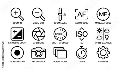 Camera control and exposure icons arranged in grid on white