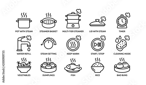 Kitchen steamer function and food icons in grid layout