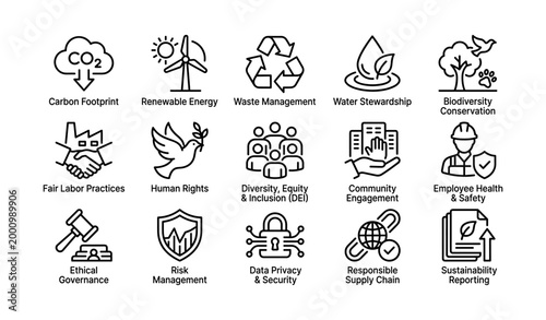 Sustainability and social responsibility icons in labeled grid