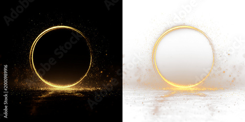 Tableau sur toile Bright circular light with sparkles isolated on transparent and black background