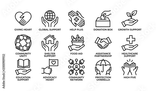 Charity and community support icons showing aid services