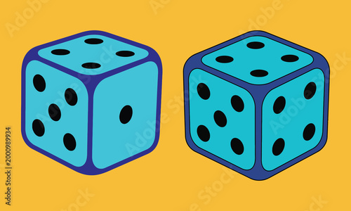 Two blue dice displaying four dots each on a yellow background