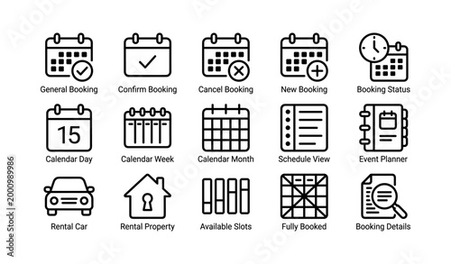 Booking and calendar icons arranged in grid on white background