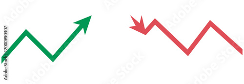 Green upward trend arrow and red downward trend arrow, symbolizing financial market fluctuations.