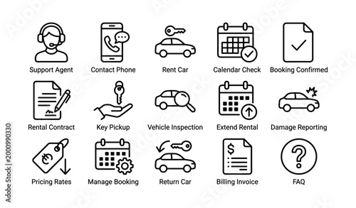 Car rental service icons showing booking and fleet operations