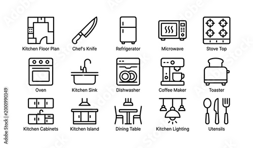 Kitchen appliance and layout icons showing fixtures and fittings