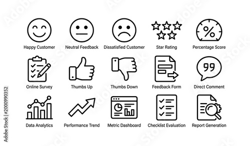 Customer feedback icons showing ratings surveys and analytics elements