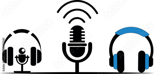 Audio communication concept featuring microphone and headphones icons representing podcast recording streaming voice interaction and digital media technology