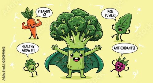Cute Superhero Broccoli Character with Kawaii Vegetable Friends Showing Vitamin C Iron Antioxidants Healthy Growth Speech Bubbles Vector Illustration