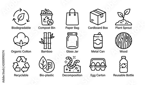 Sustainability icons displaying recycling and biodegradable symbols