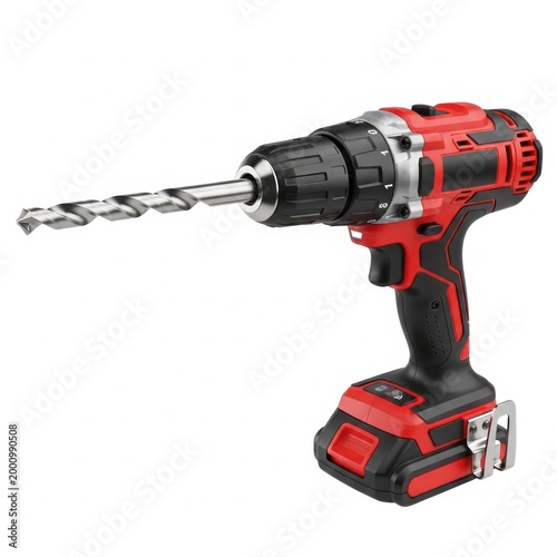 A high performance cordless power drill featuring a metallic bit for drilling into tough surfaces